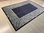6x8 Navy Blue Modal Silk Rug, Paisley Border Area Rug, Turkish Living Room Decor
