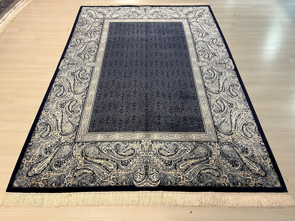 7x10 Silk Rug, Charcoal Navy Paisley Border, Modern Turkish Oriental Large Rug