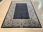 7x10 Silk Rug, Charcoal Navy Paisley Border, Modern Turkish Oriental Large Rug