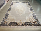 7x10 Modal Silk Area Rug, Ivory Navy Turkish Rug, Luxury Medallion Carpet, Elegant Living Room Rug