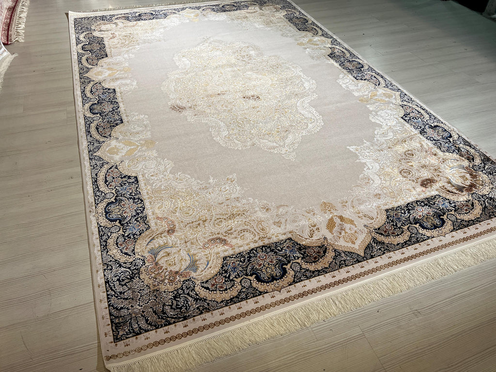 7x10 Modal Silk Area Rug, Ivory Navy Turkish Rug, Luxury Medallion Carpet, Elegant Living Room Rug