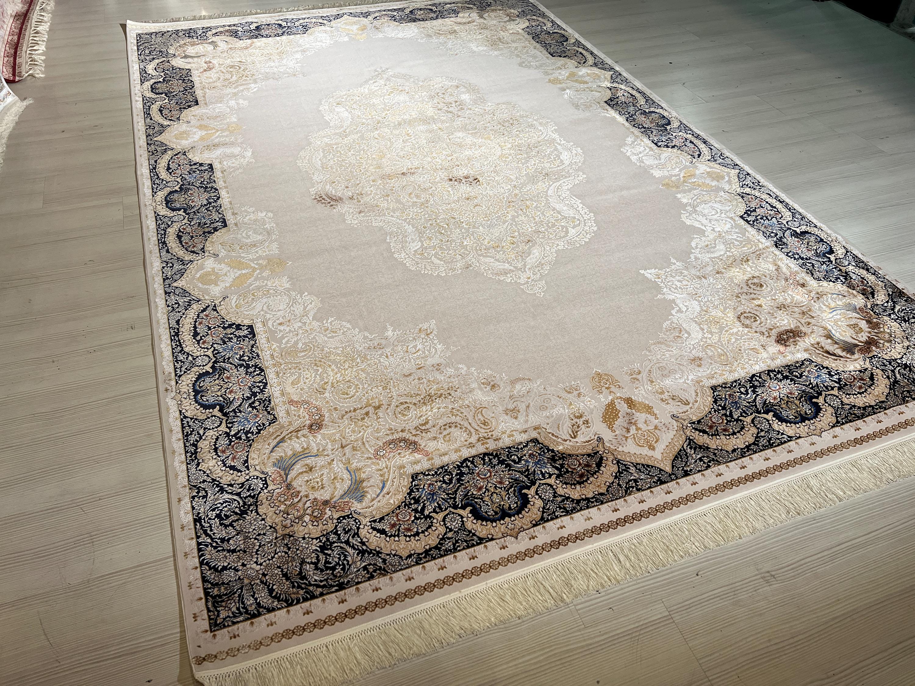 7x10 Modal Silk Area Rug, Ivory Navy Turkish Rug, Luxury Medallion Carpet, Elegant Living Room Rug