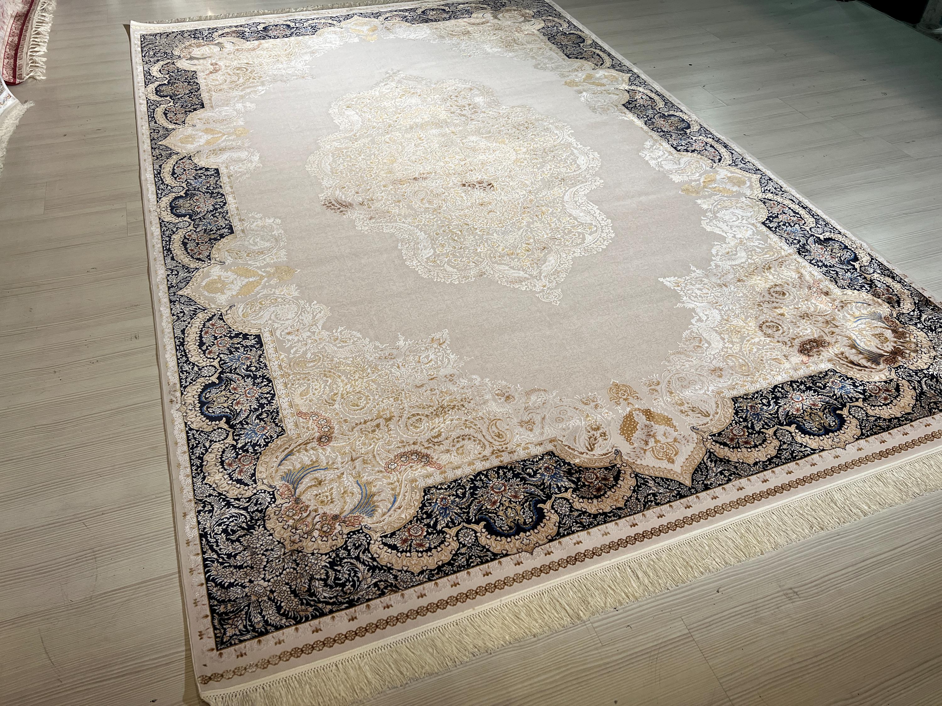 7x10 ft Modal Silk Area Rug, Ivory Navy Turkish Rug, Luxury Medallion Carpet, Elegant Living Room Rug