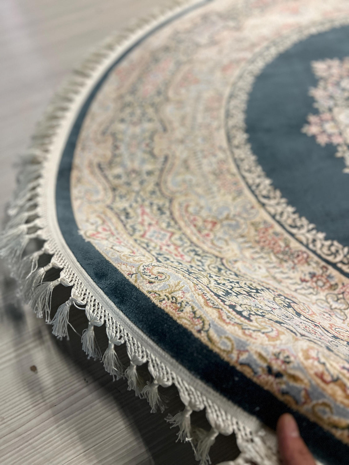 5x5 ft Blue Round Modal Silk Rug, Floral Medallion Area Rug