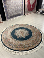 5x5 ft Blue Round Modal Silk Rug, Floral Medallion Area Rug