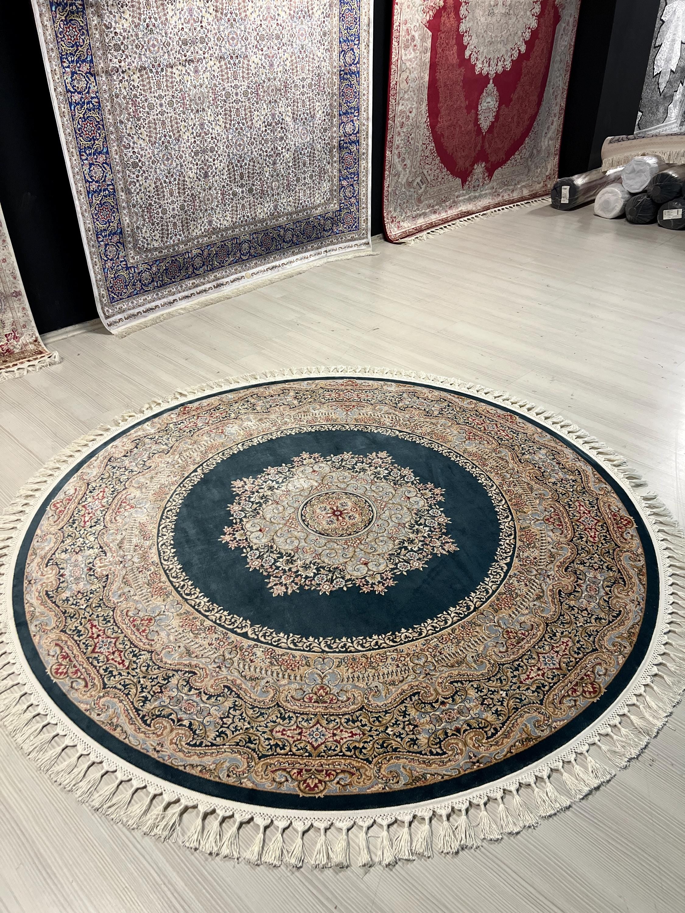 5x5 ft Blue Round Modal Silk Rug, Floral Medallion Area Rug