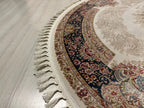 5x5 Round Silk Rug, Beige Blue Floral Design Oriental Area Rug for Living Room
