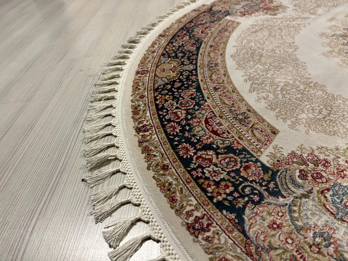 5x5 Round Silk Rug, Beige Blue Floral Design Oriental Area Rug for Living Room