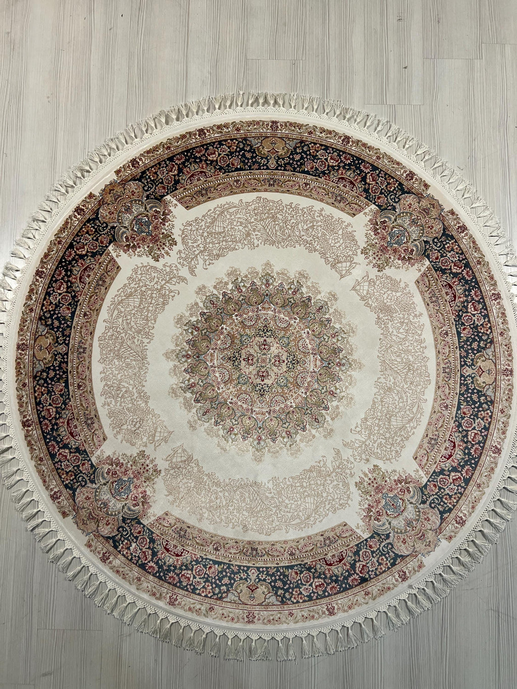 5x5 Round Silk Rug, Beige Blue Floral Design Oriental Area Rug for Living Room