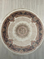 5x5 Round Silk Rug, Beige Blue Floral Design Oriental Area Rug for Living Room