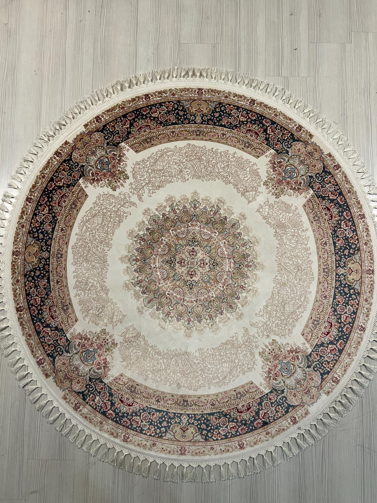 5x5 Round Silk Rug, Beige Blue Floral Design Oriental Area Rug for Living Room