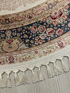 5x5 Round Silk Rug, Beige Blue Floral Design Oriental Area Rug for Living Room