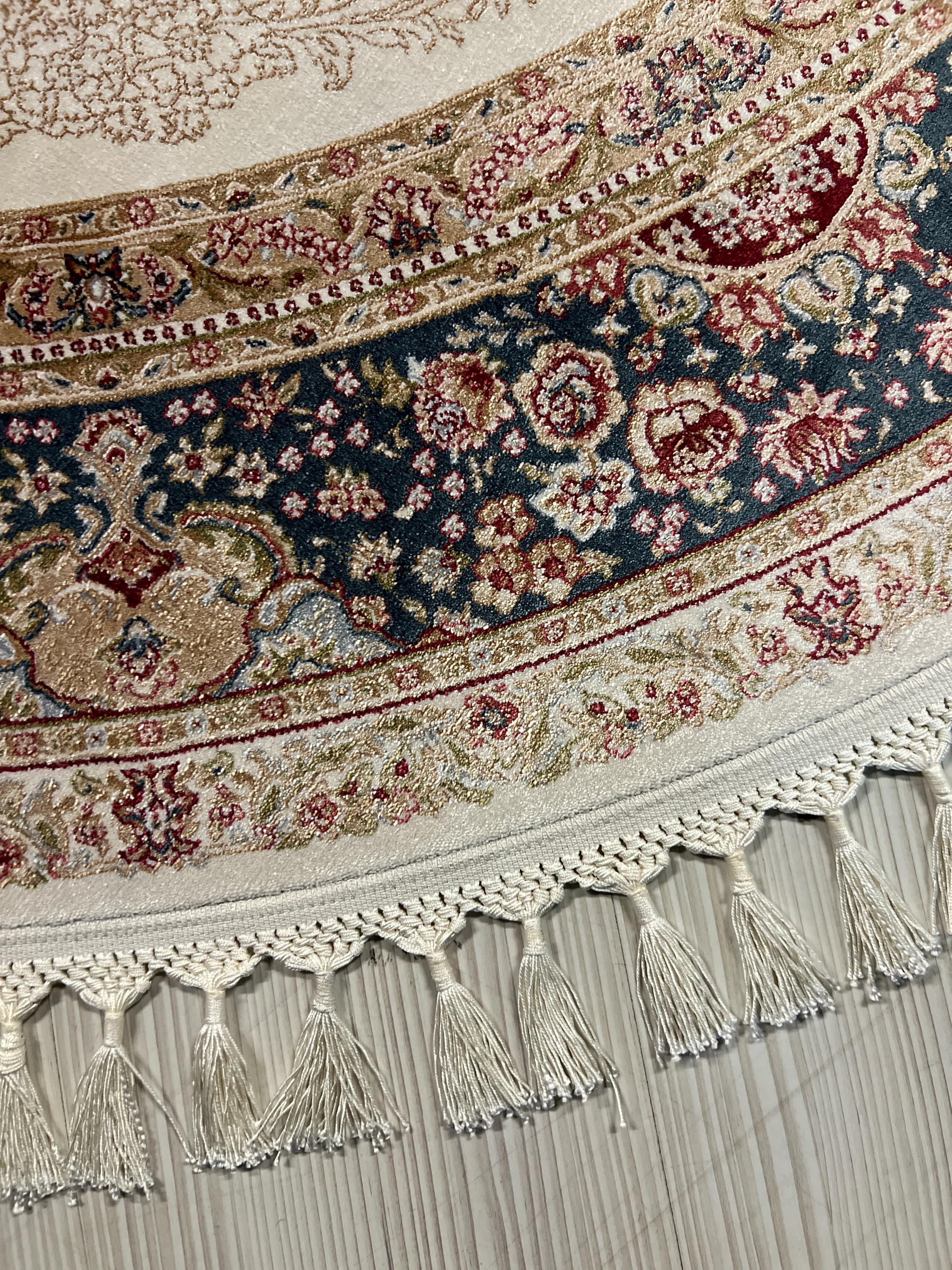 5x5 Round Silk Rug, Beige Blue Floral Design Oriental Area Rug for Living Room