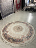 5x5 Round Silk Rug, Beige Blue Floral Design Oriental Area Rug for Living Room