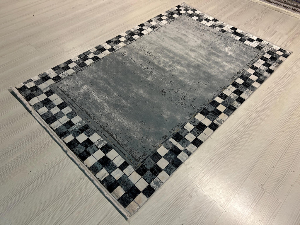 Checkered Silk Rug, Turkish Rug for Living Room, 4x6 ft