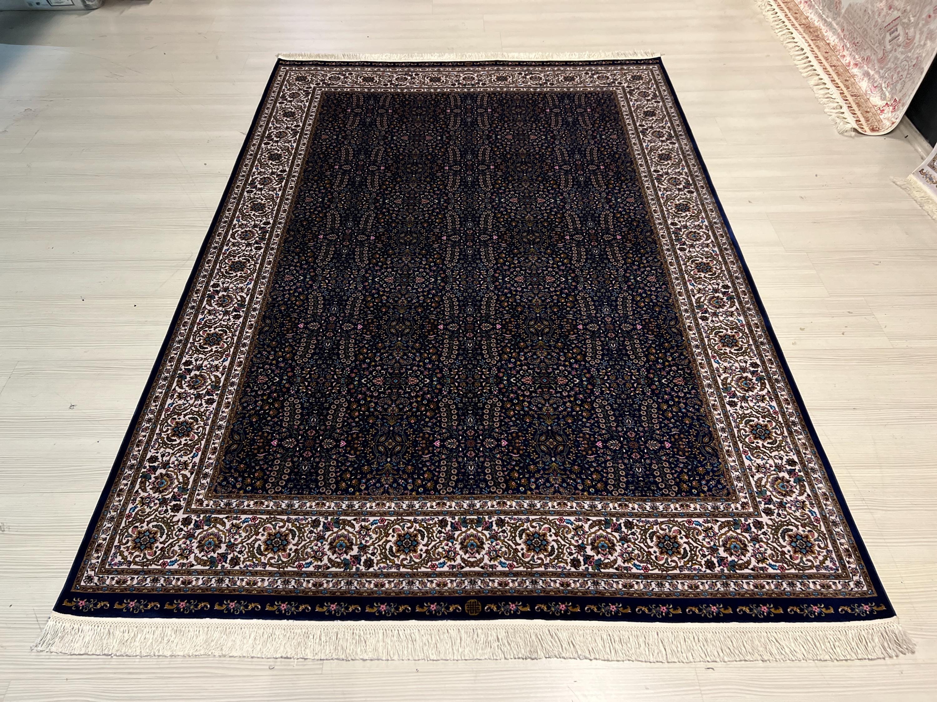 Blue Beige Turkish Silk Rug, Anatolian Home Decor (5X8 ft)