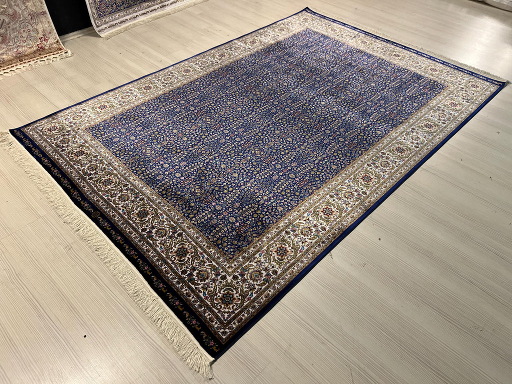 Blue Beige Turkish Silk Rug, Anatolian Home Decor (5X8 ft)