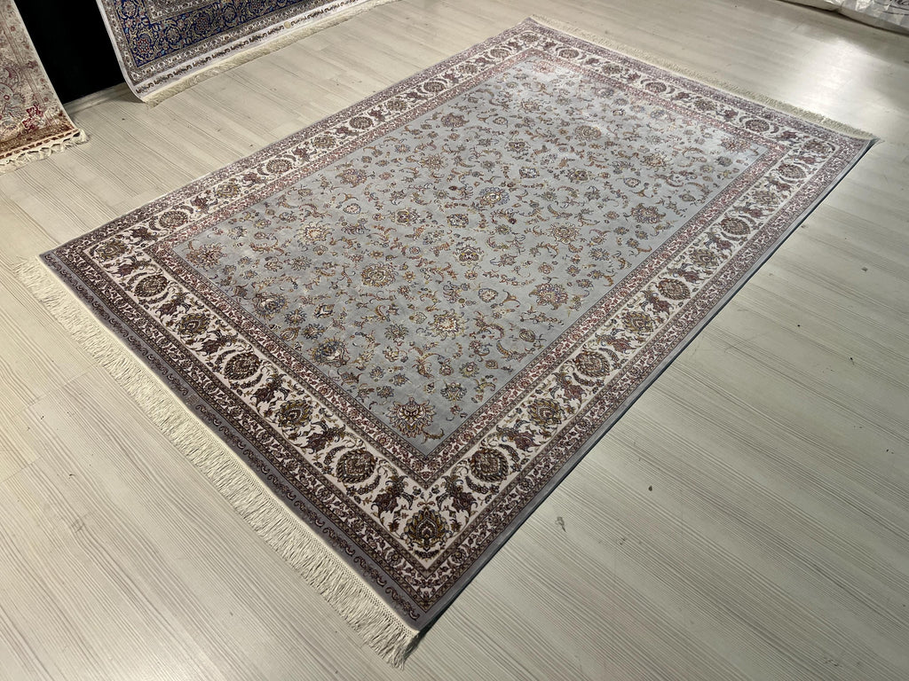 5x8 ft Gray Floral Silk Rug, Turkish Style Modern Area Rug