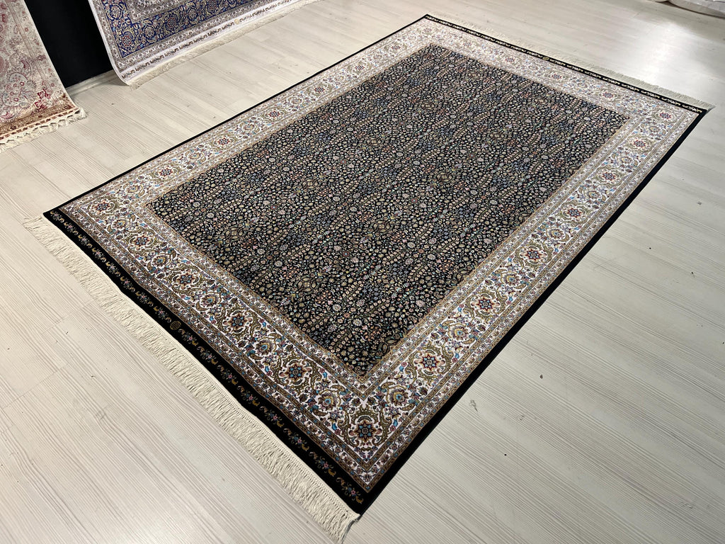 5x8 Black Silk Area Rug, Floral Garden Design, Turkish Living Room Decor