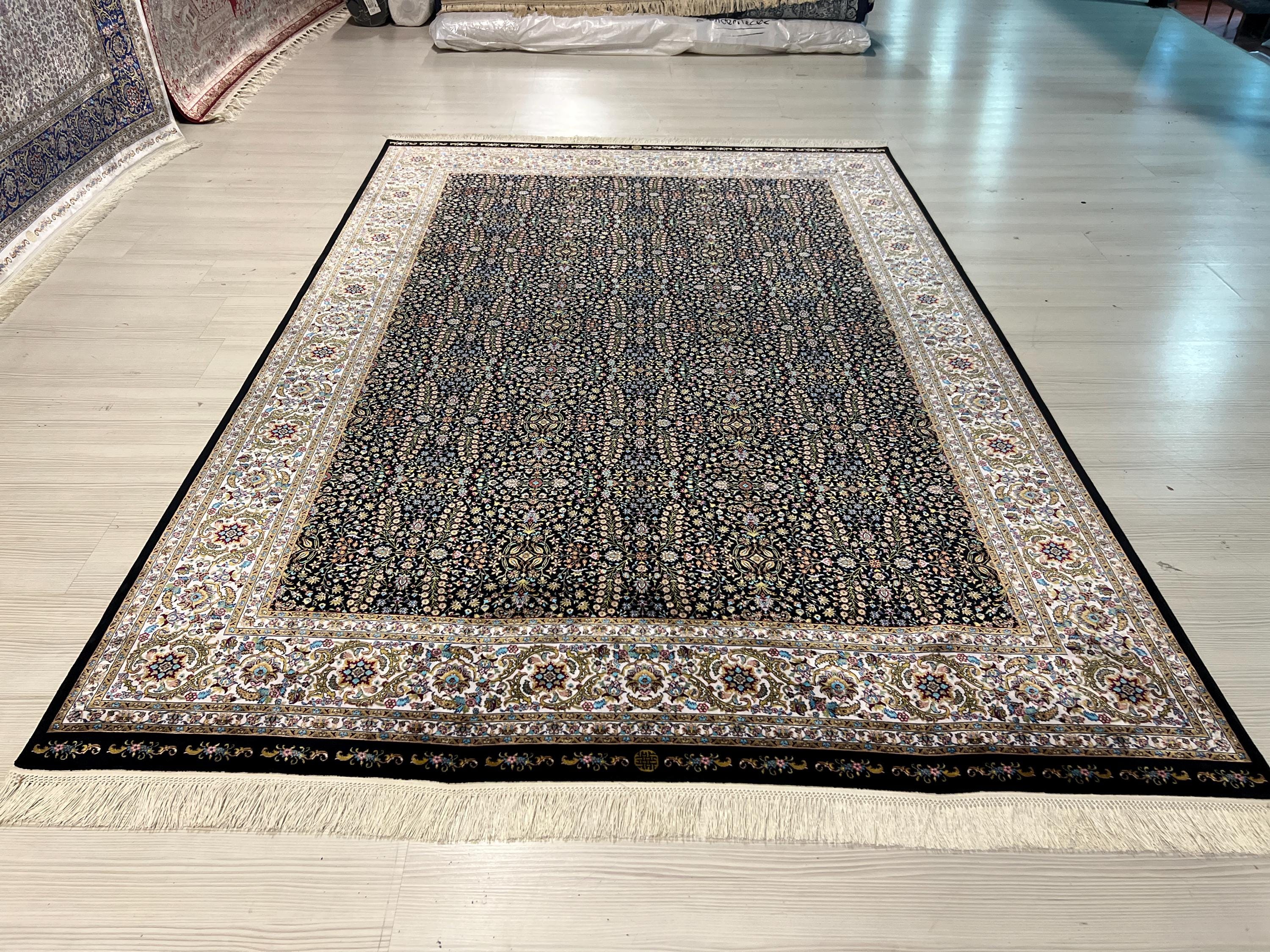 5x8 Black Silk Area Rug, Floral Garden Design, Turkish Living Room Decor