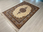 6x8 ft Cream Bamboo Silk Rug, Turkish Area Rug, Floral Medallion Carpet, Living Room Decor