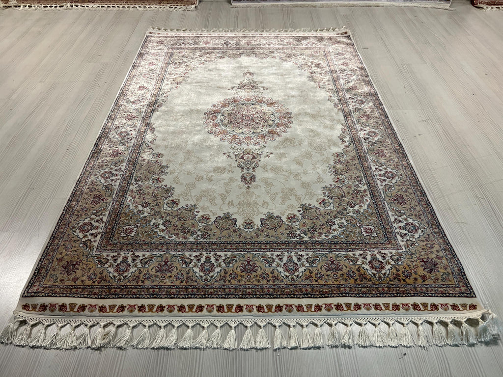 6x8 ft Cream Bamboo Silk Rug, Turkish Area Rug, Floral Medallion Carpet, Living Room Decor
