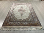 6x8 ft Cream Bamboo Silk Rug, Turkish Area Rug, Floral Medallion Carpet, Living Room Decor