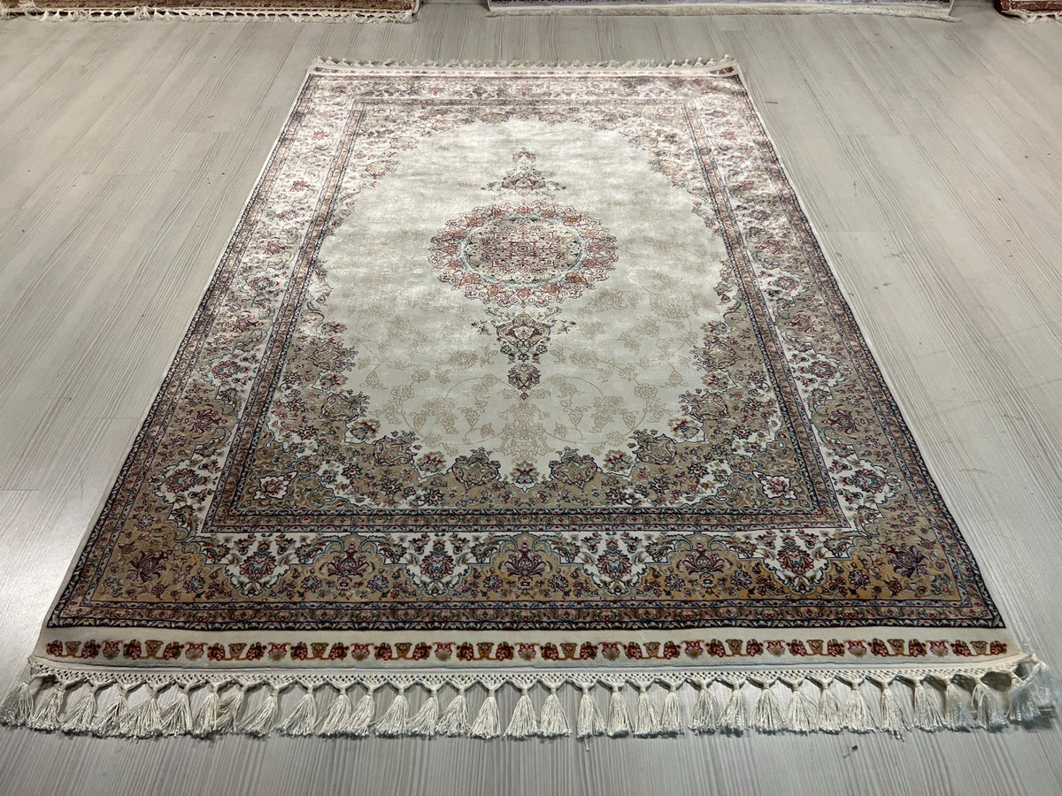 6x8 ft Cream Bamboo Silk Rug, Turkish Area Rug, Floral Medallion Carpet, Living Room Decor