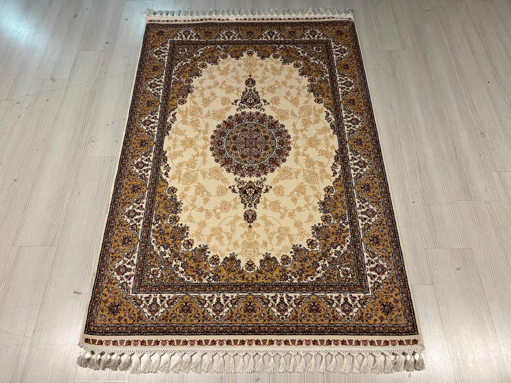 6x8 ft Cream Bamboo Silk Rug, Turkish Area Rug, Floral Medallion Carpet, Living Room Decor
