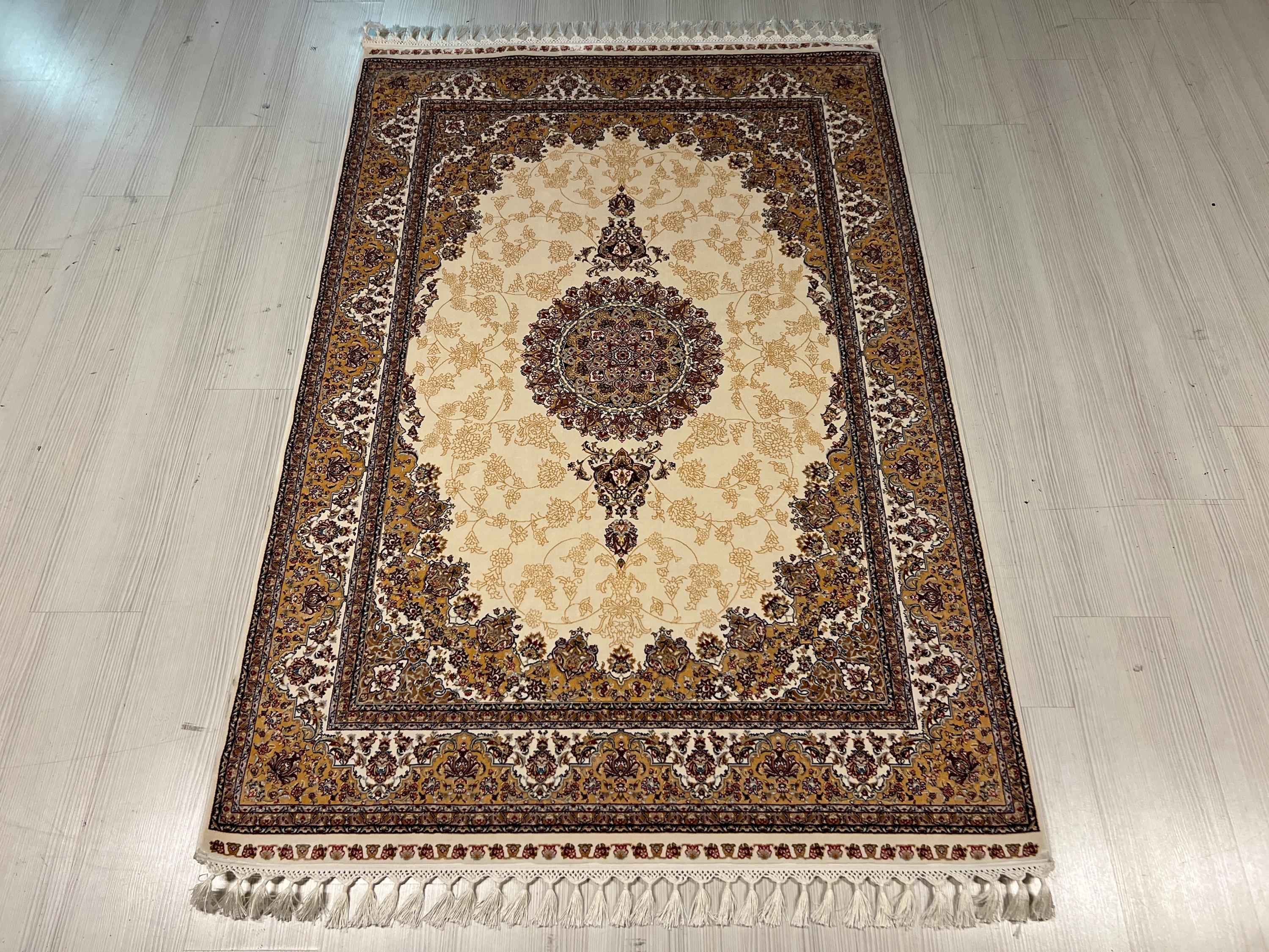 6x8 ft Cream Bamboo Silk Rug, Turkish Area Rug, Floral Medallion Carpet, Living Room Decor