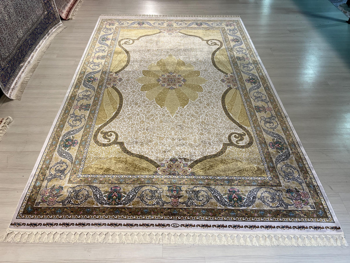 5x8 ft Cream Silk Area Rug, Floral Medallion Design, Luxury Turkish Living Room Rug