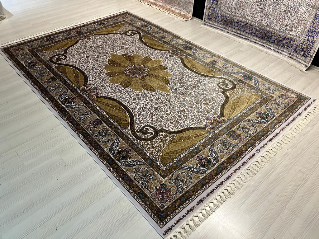 5x8 ft Cream Silk Area Rug, Floral Medallion Design, Luxury Turkish Living Room Rug