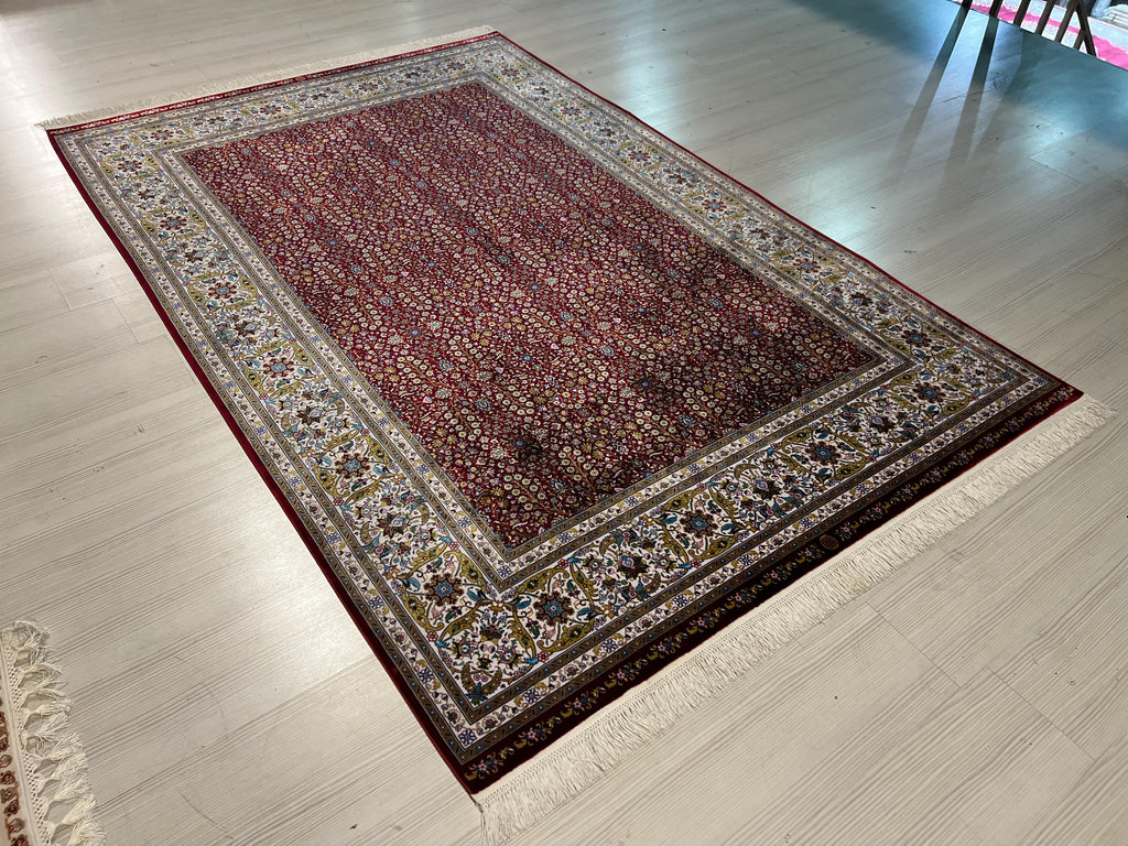 Red Floral Turkish Silk Rug, 5x8 ft, Anatolian Rug
