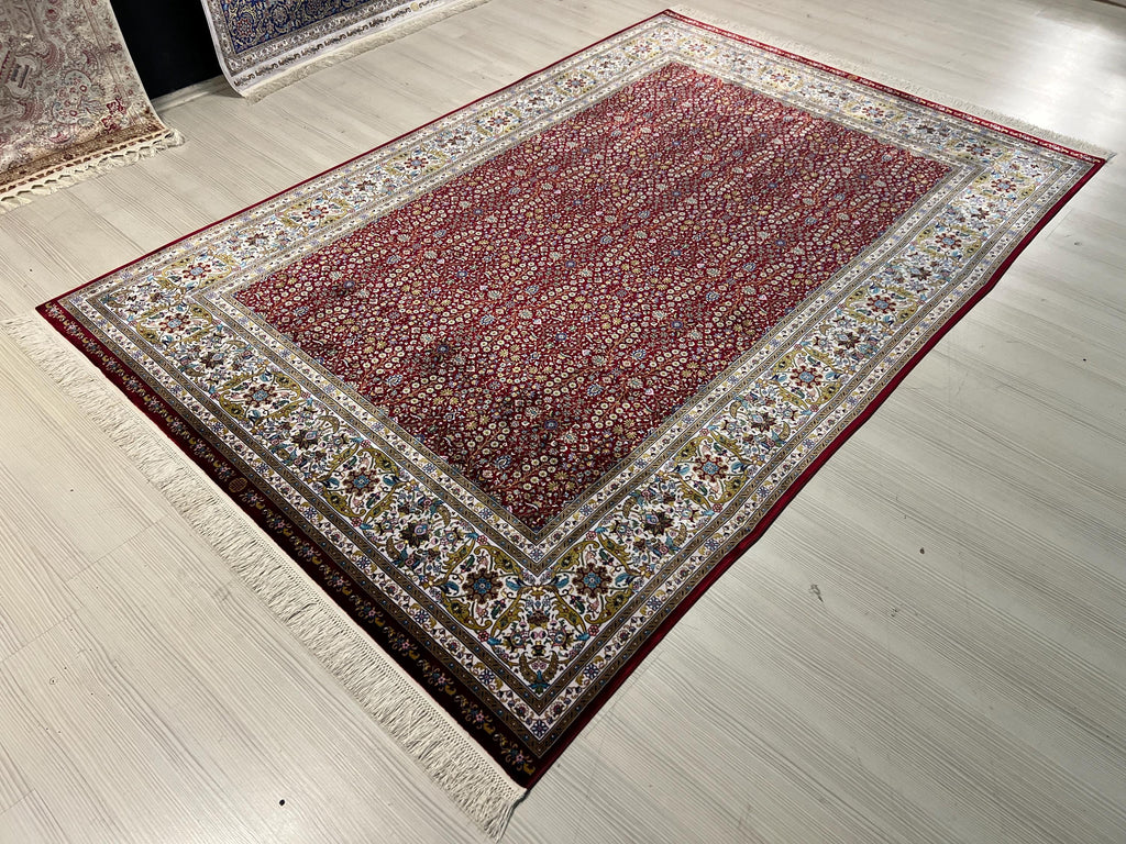 Red Floral Turkish Silk Rug, 5x8 ft, Anatolian Rug