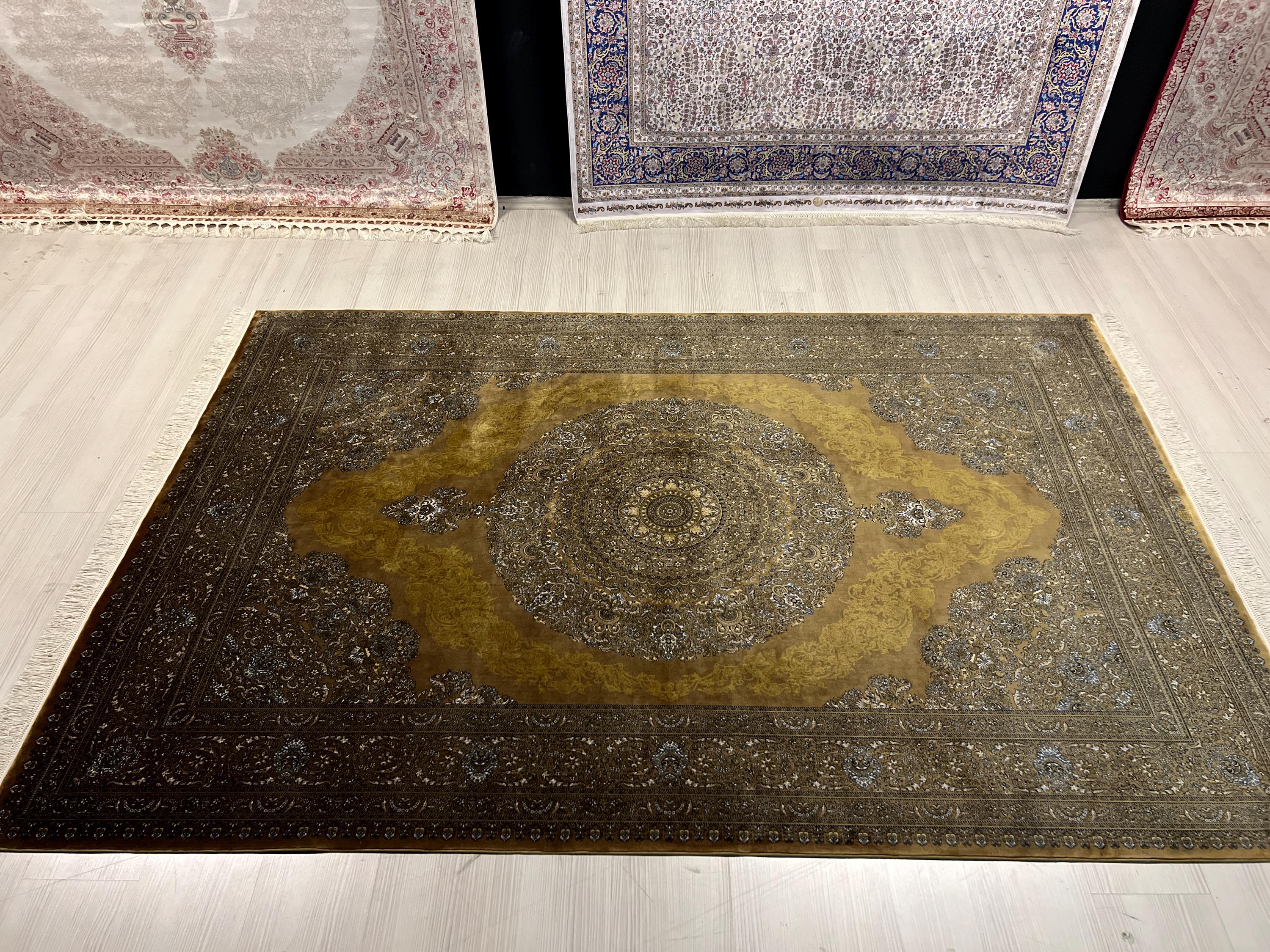 5x8 ft Gold Medallion Rug, Modal Silk Carpet, Luxury Turkish Living Room Rug