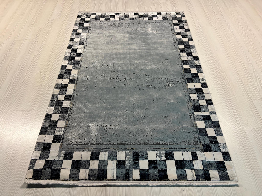 Checkered Silk Rug, Turkish Rug for Living Room, 4x6 ft