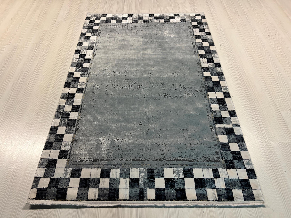 Checkered Silk Rug, Turkish Rug for Living Room, 4x6 ft