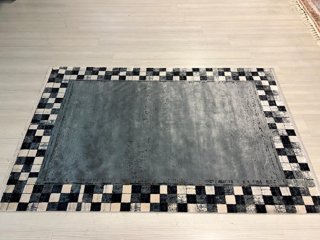 Checkered Silk Rug, Turkish Rug for Living Room, 4x6 ft