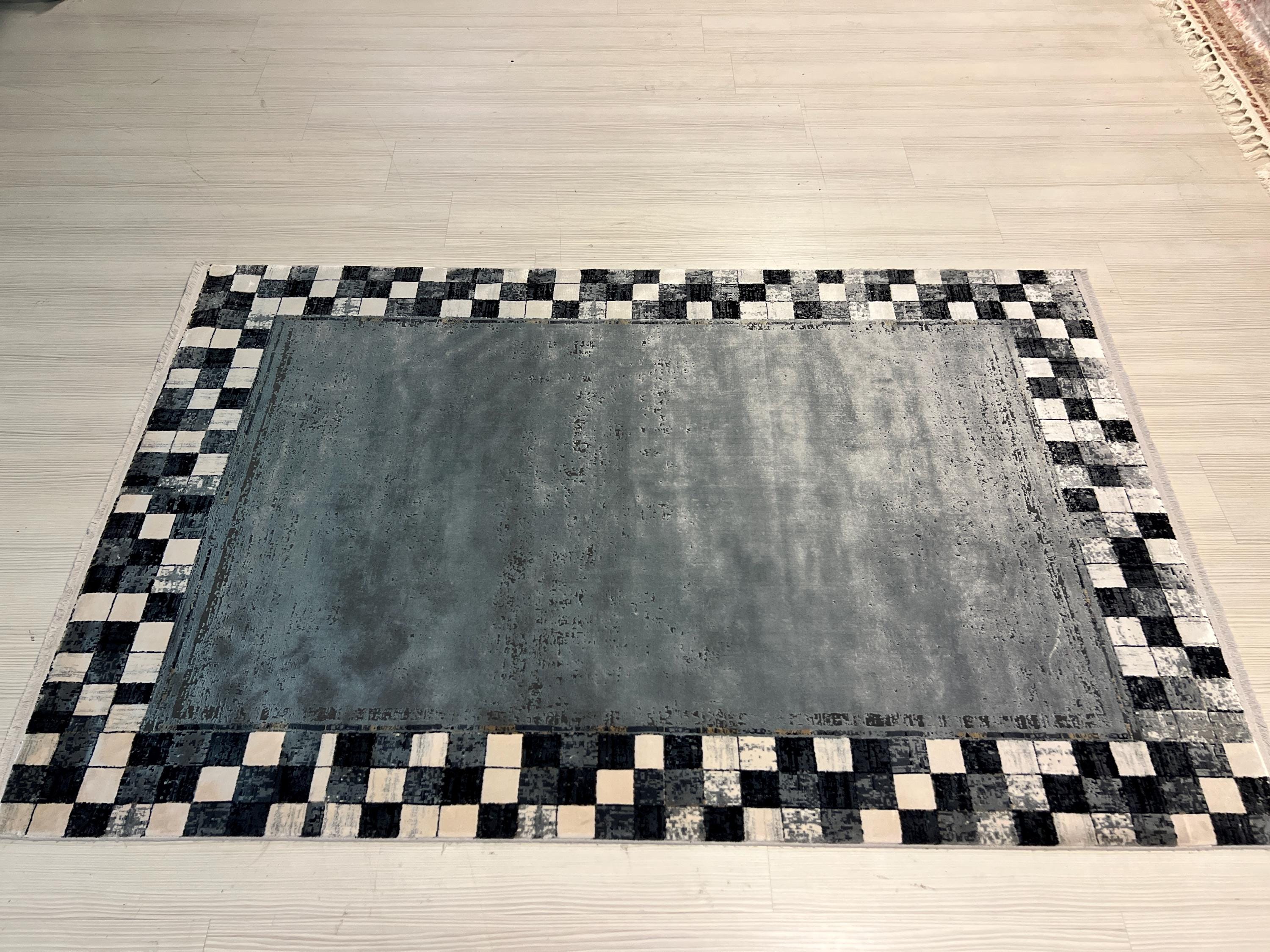 Checkered Silk Rug, Turkish Rug for Living Room, 4x6 ft