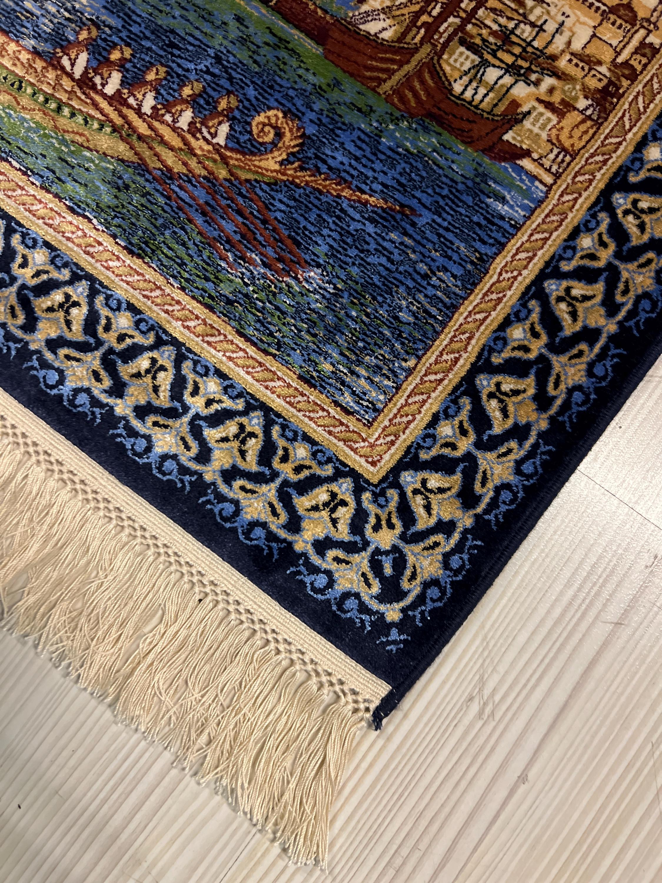 2x3 Sultanahmet Skyline Rug, Istanbul Cityscape Tableau, Ottoman Boats Scene, Blue Modal Silk Wall Decor