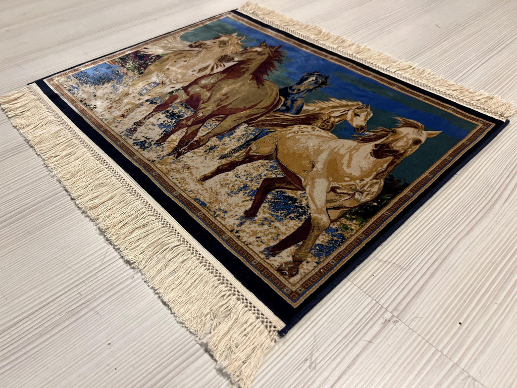 2x3 Horse Silk Rug, Turkish Wall Tapestry, Modal Silk Table, Home Decor