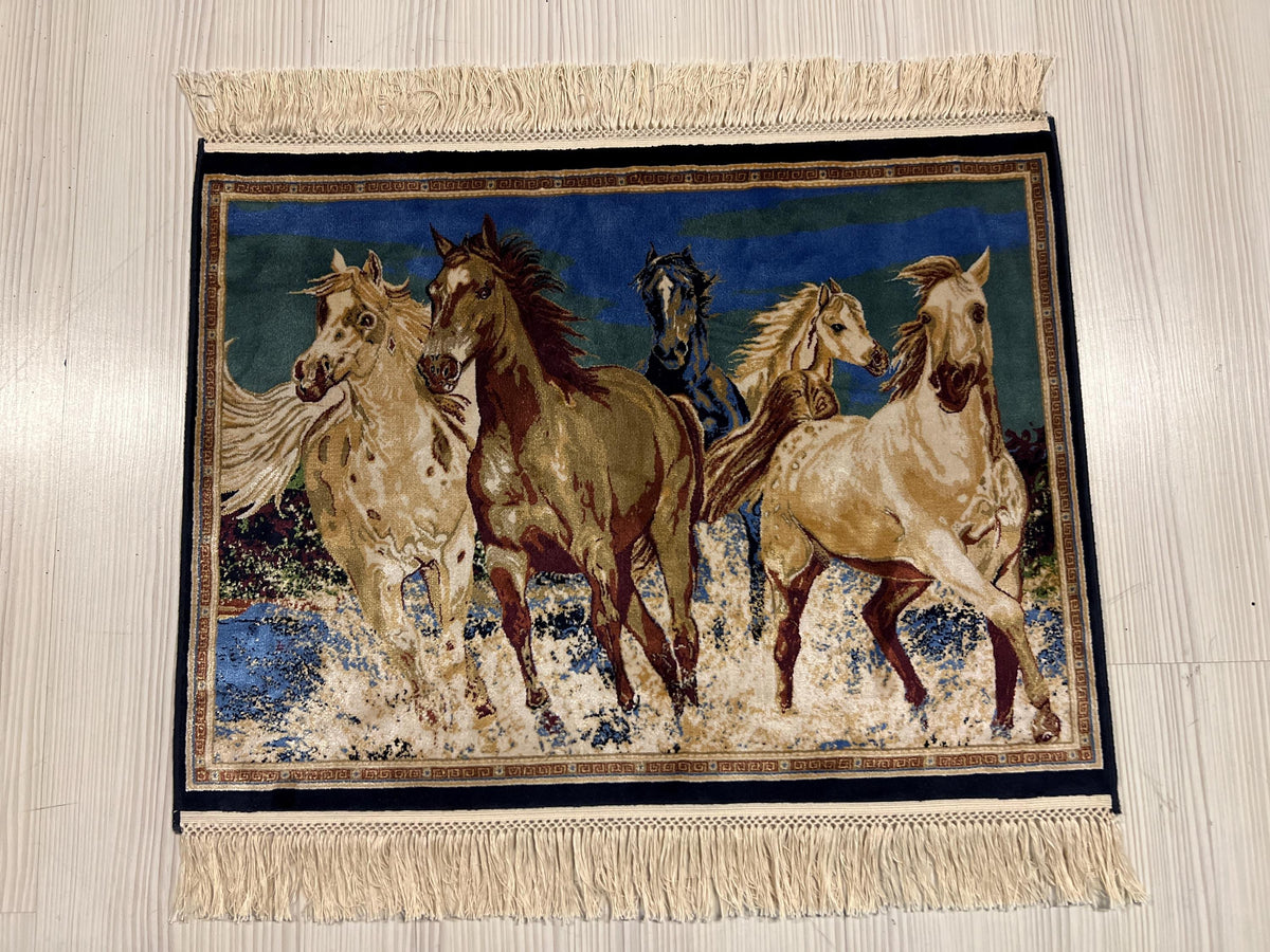2x3 Horse Silk Rug, Turkish Wall Tapestry, Modal Silk Table, Home Decor