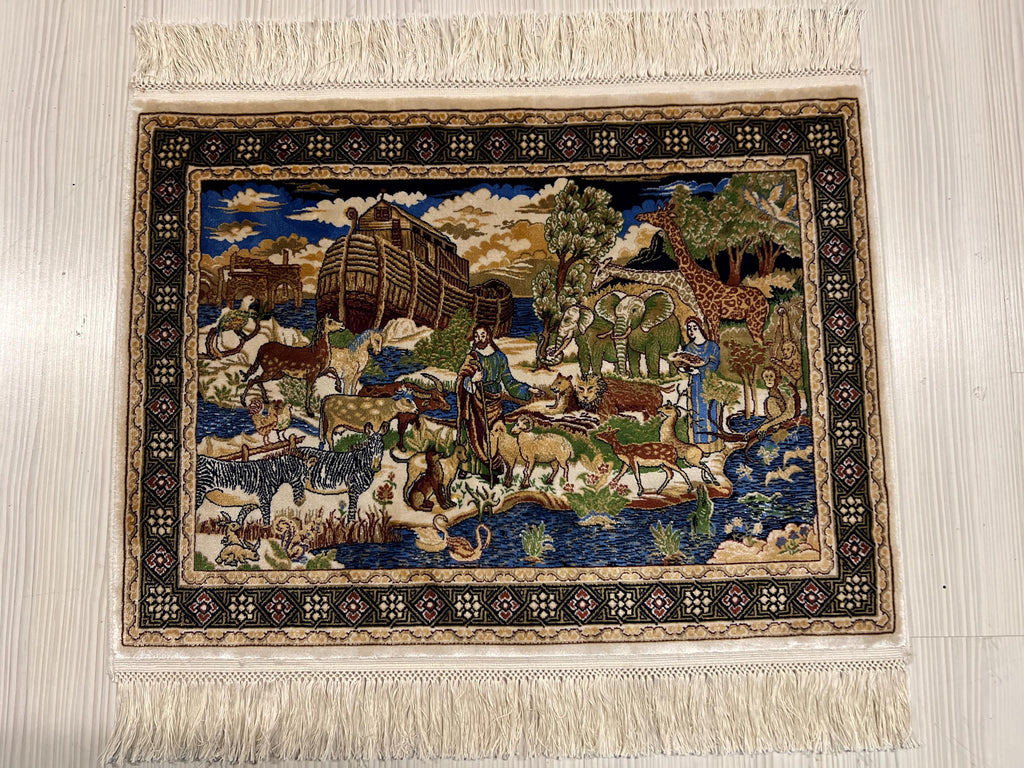 2x3 Noahs Ark Rug, Modal Silk Rug, Turkish Tableau Carpet, Biblical Decor, Wall Hanging