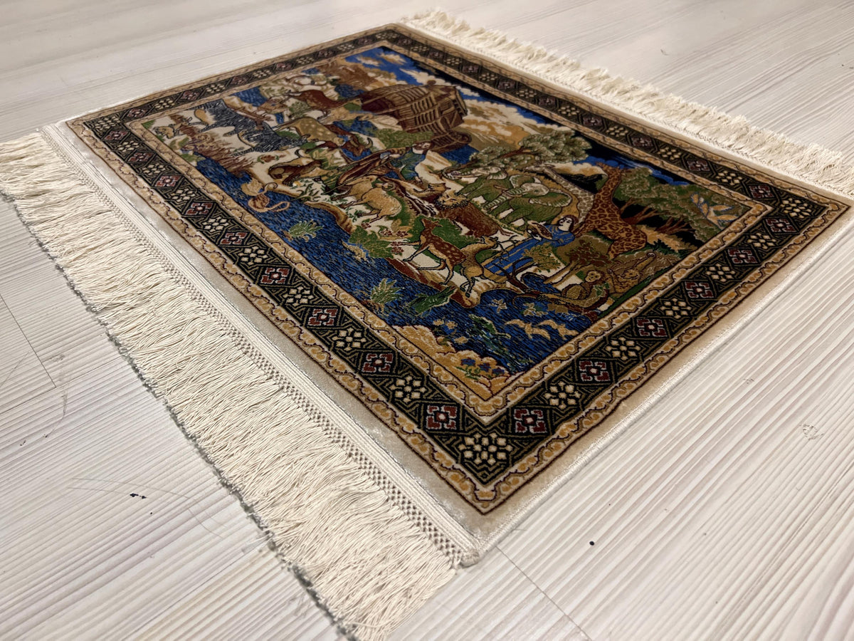 2x3 Noahs Ark Rug, Modal Silk Rug, Turkish Tableau Carpet, Biblical Decor, Wall Hanging