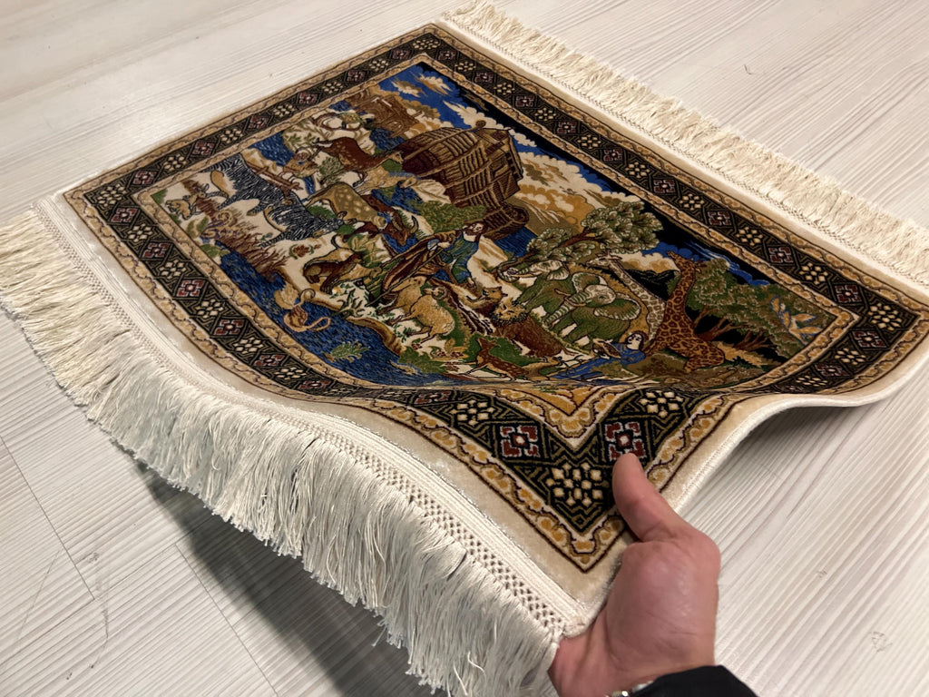 2x3 Noahs Ark Rug, Modal Silk Rug, Turkish Tableau Carpet, Biblical Decor, Wall Hanging
