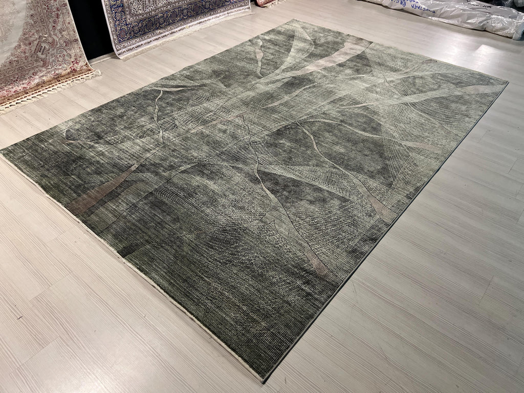 7x10 ft Green Gray Bamboo Rug, Modern Acrylic Silk Rug