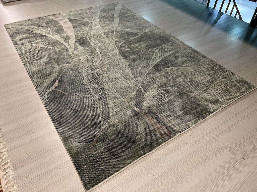 7x10 ft Green Gray Bamboo Rug, Modern Acrylic Silk Rug