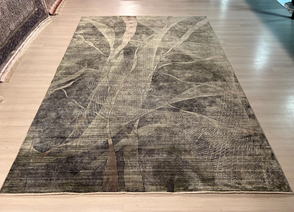 7x10 ft Green Gray Bamboo Rug, Modern Acrylic Silk Rug