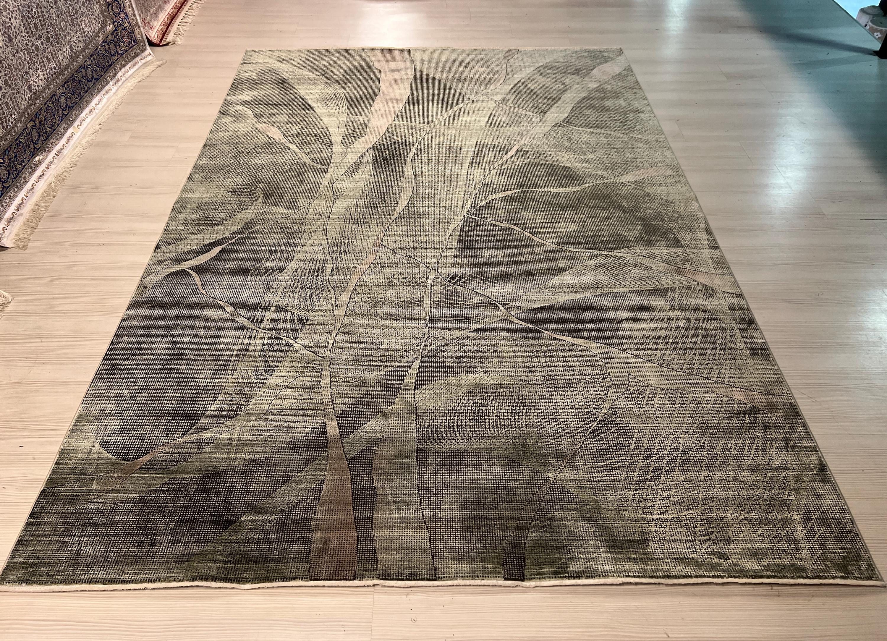 7x10 ft Green Gray Bamboo Rug, Modern Acrylic Silk Rug