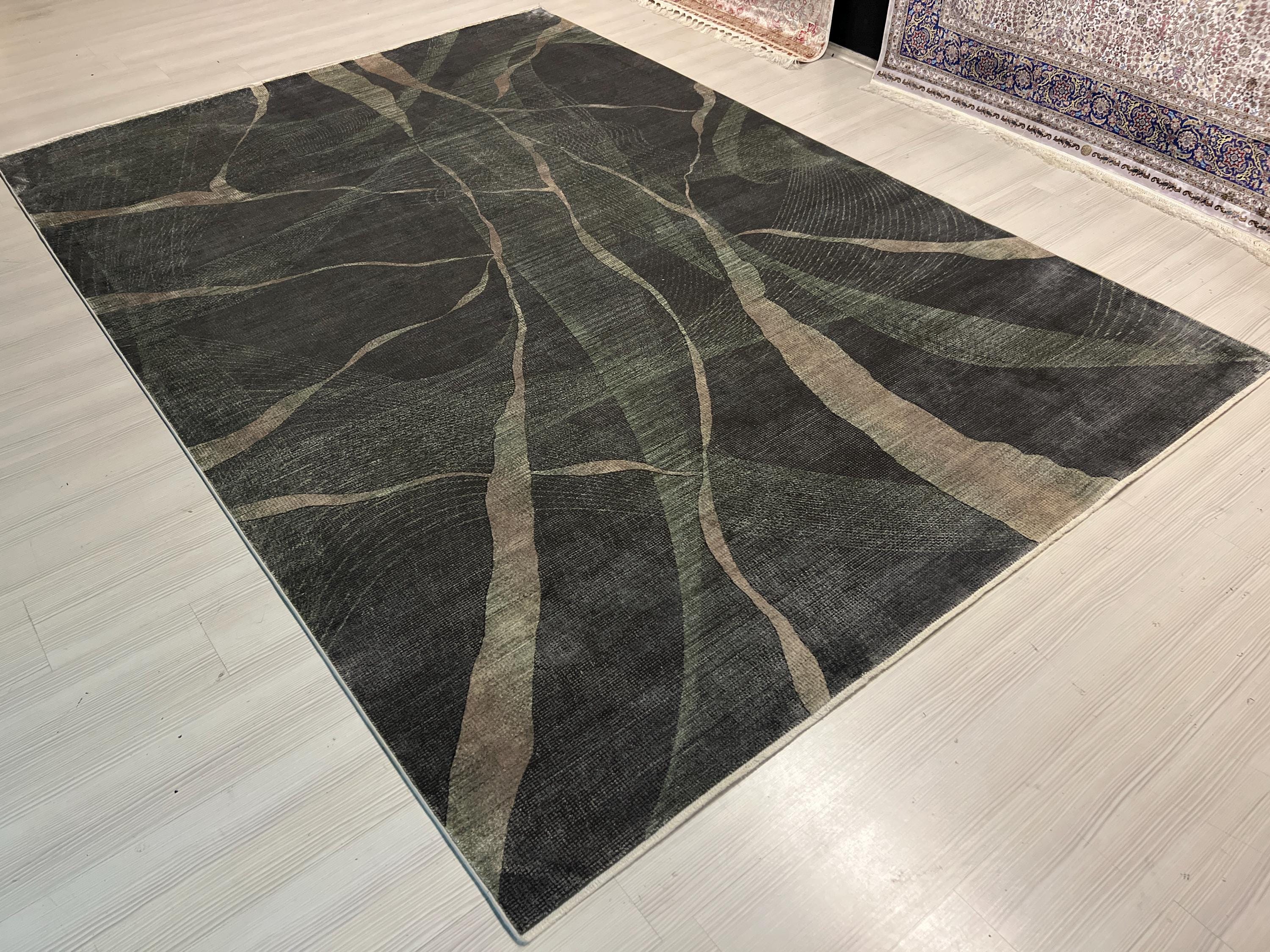 7x10 Modern Bamboo Blend Area Rug, Gray Beige Green Contemporary Living Room